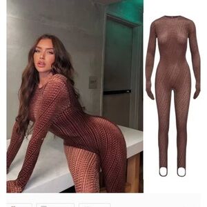 Skims Velvet‎ Stirrup Jumpsuit Onesie Open Back Chestnut Brown Size XXS NWT